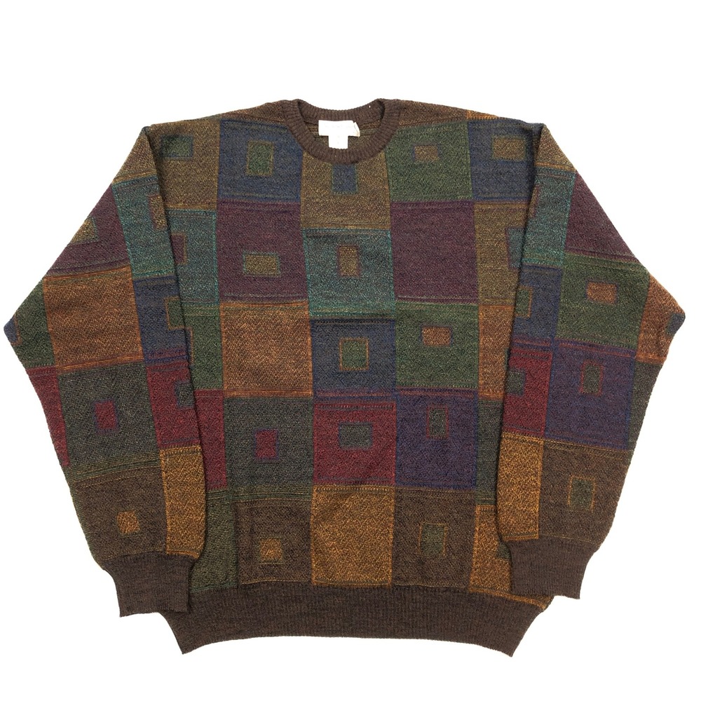 Tricots St Raphael XL Merino Wool Geometric Patchwork Crewneck Sweater Vintage
